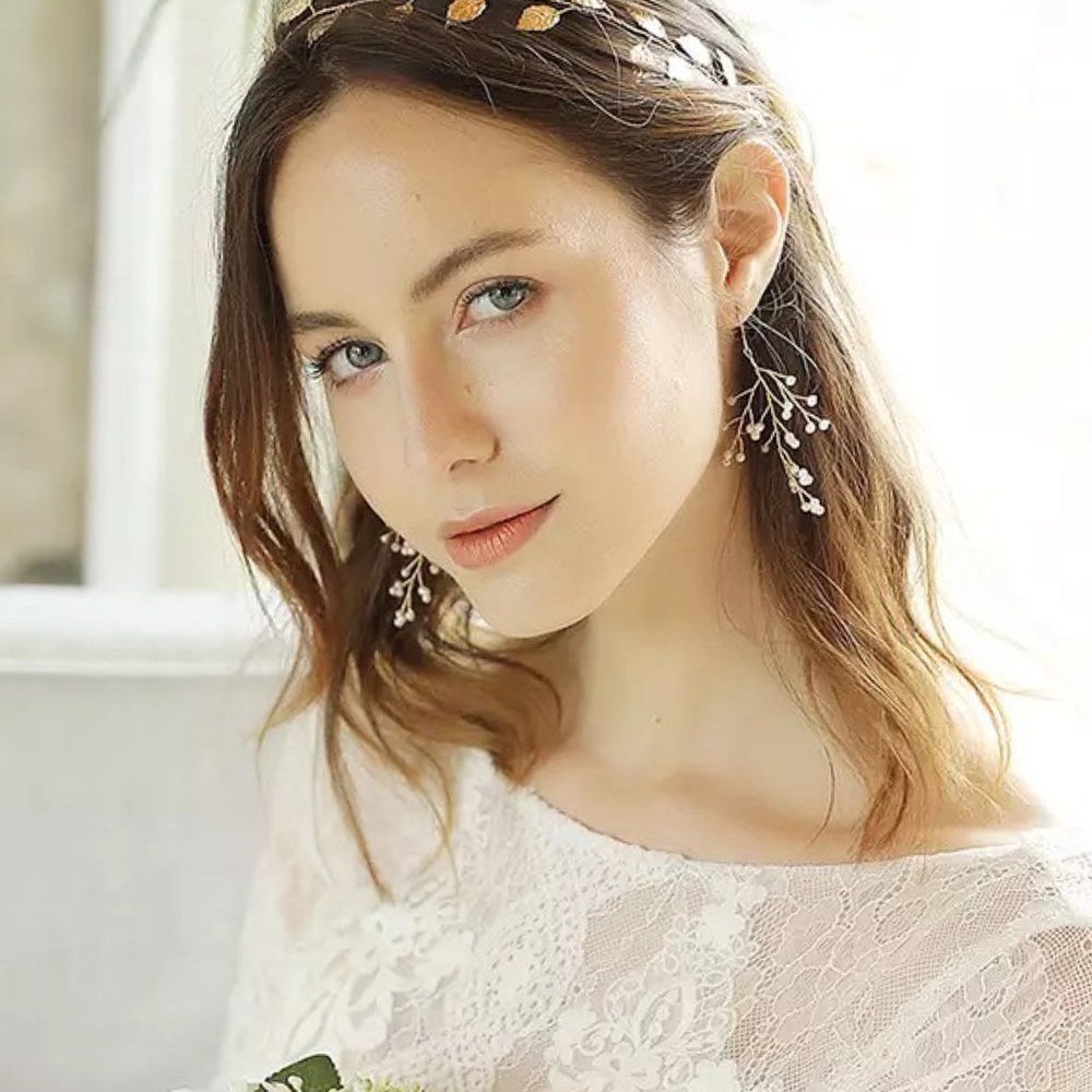 Delicate Gold and Pearl Bridal Dangle Earrings - Picture 2 of 16